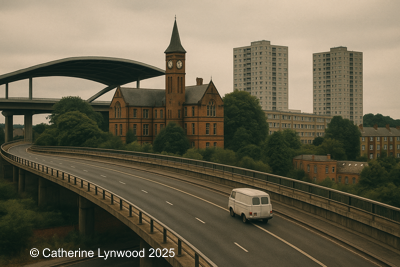 A moody 1980s Birmingham scene, evoking the setting of The Alpha Flame