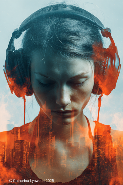A woman wearing headphones, listening intently, with flames reflected behind her.