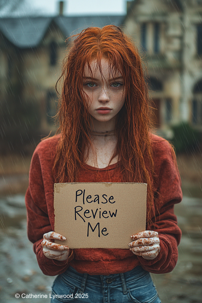 Maggie holding a cardboard sign reading Please Review Me in a moody outdoor setting
