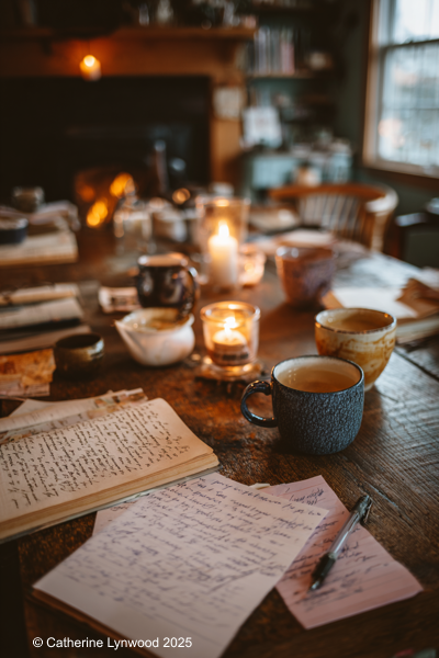 A warm book club scene with The Alpha Flame novels, mugs of tea, and notes on a wooden table.