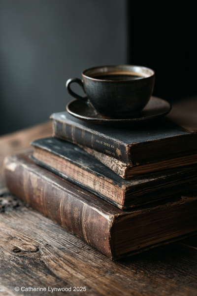 Stack of dark thriller novels on a wooden table with a cup of coffee in moody lighting.
