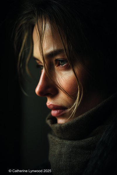 Moody portrait of a woman looking away with quiet worry and tension against a dark background.