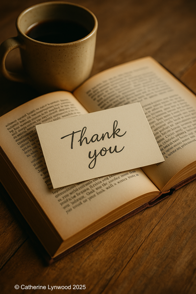 A handwritten thank-you note resting on an open book, with a coffee cup nearby — capturing the personal connection between author and reader.