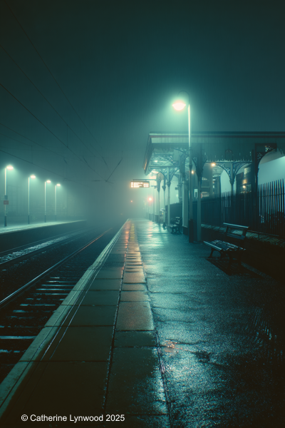 Empty suburban railway platform at night with mist and dim lights