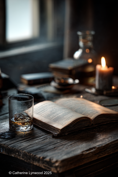 Moody scene with an open book, candlelight, and a glass of whiskey on a worn table.