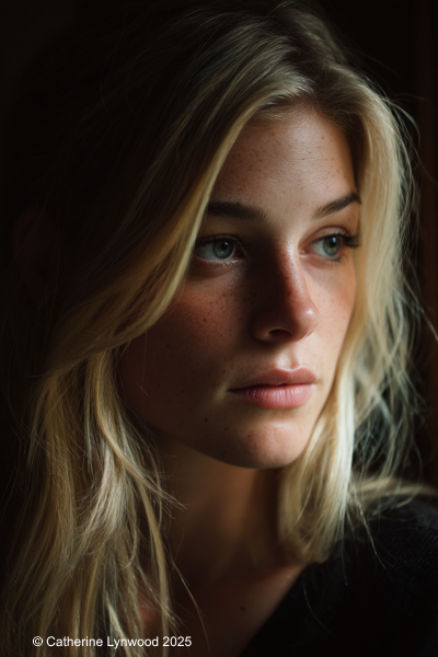 Portrait of a woman in shadow and light with a thoughtful, ambiguous expression.