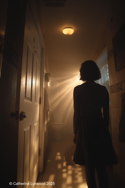 Silhouette of a woman standing at the end of a hallway with light pouring from a bathroom door.
