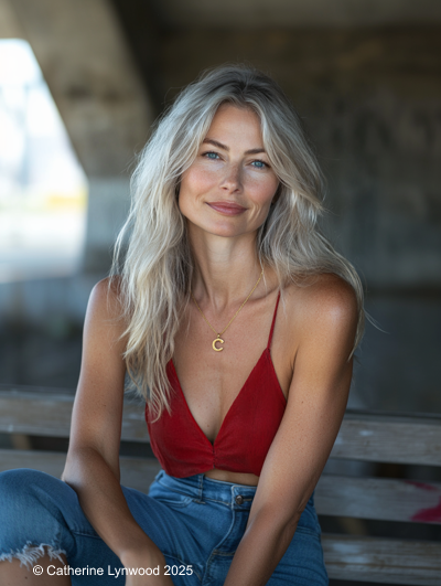 Catherine seated alone on Beth’s bench beneath the Rubery Flyover, evening light