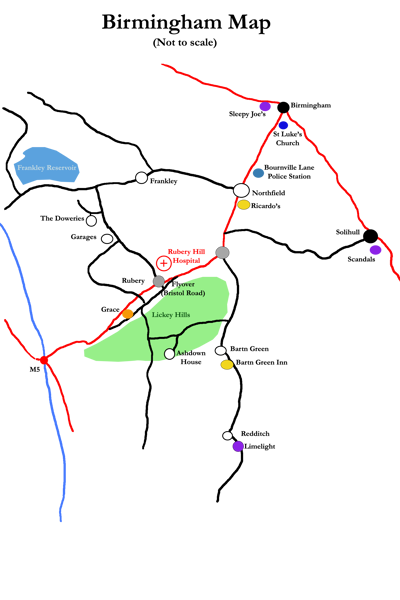 A not to scale map of Rubery and the surrounding area.