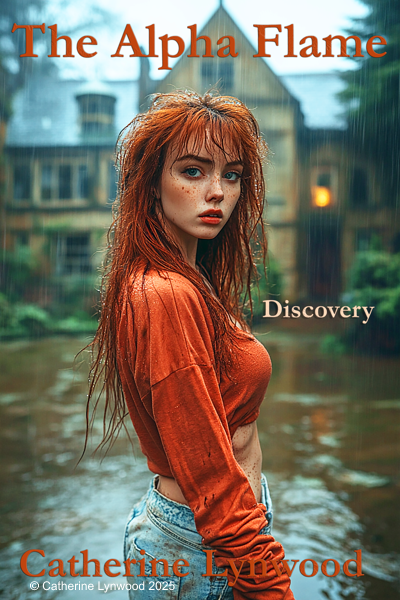 The official cover of The Alpha Flame: Discovery by Catherine Lynwood, featuring a red-haired young woman in the rain, standing in front of an old, shadowed house.