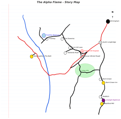Hand-drawn notepaper map showing Rubery, Frankley, Lickey Hills, Barnt Green, Redditch, and key landmarks from The Alpha Flame