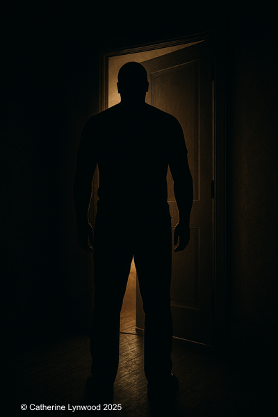 A shadowed room with a door left ajar and a faint light beyond — heavy with atmosphere and unspoken tension.