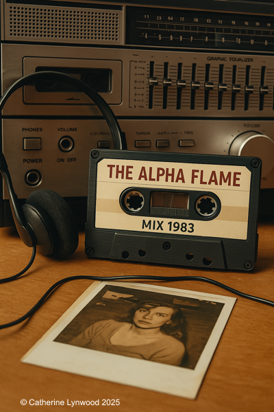 A vintage 1980s audio setup with cassette tapes, a portable tape player, and a pair of classic headphones, evoking the nostalgic atmosphere of The Alpha Flame’s 1983 setting.