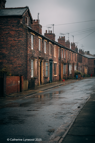 Old terraced houses on a damp street in Birmingham with an overcast sky