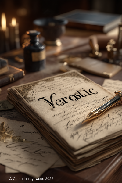 Stylized dictionary entry for “Verostic” with notes and a vintage pen on a softly lit desk.