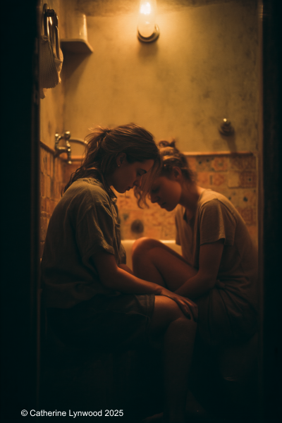 Intimate scene of two young women in a warm-lit bathroom, one helping wash the other
