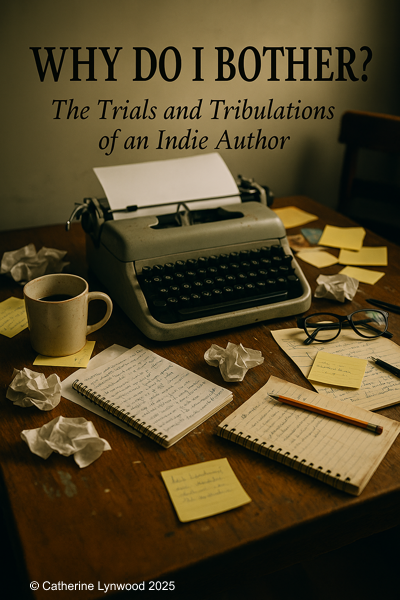 A cluttered writing desk with coffee stains, crumpled paper, and scattered notes — the reality of indie author life.