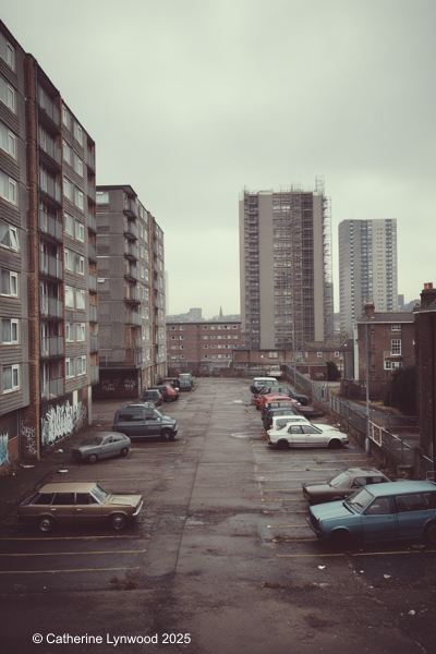 1980s UK estate with three-storey concrete flats, nearby tower blocks, old cars in a cracked car park, and overcast sky
