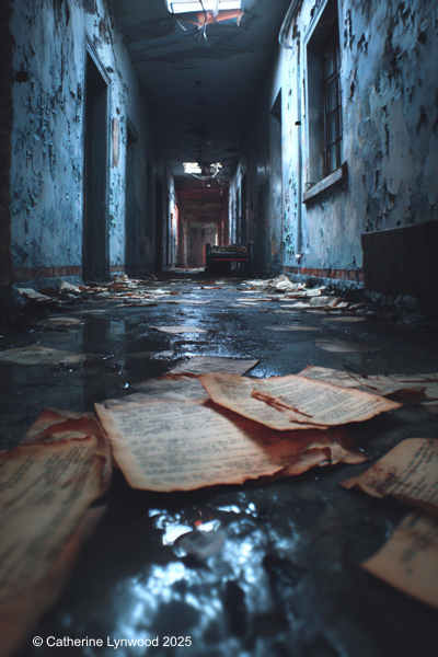 A decaying, abandoned hospital corridor with peeling paint, dim light, puddles on the floor, and scattered burned manuscript pages — evoking fear, secrets, and hidden trauma.