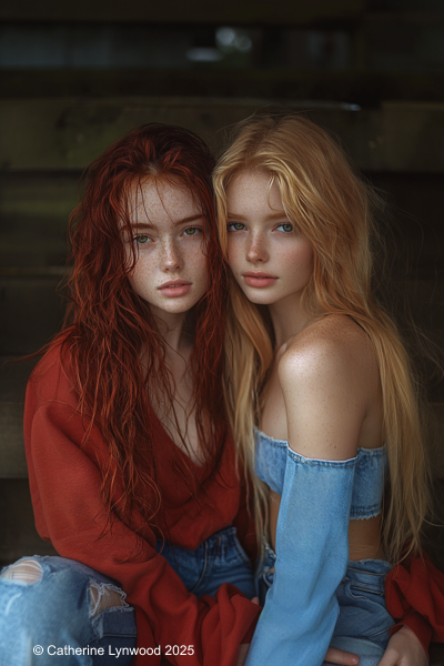 Two women sitting close on concrete steps in an urban setting, sharing a serious moment