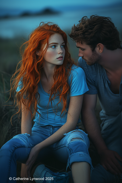 Maggie and Rob sitting close together on a beach at dusk