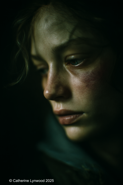 Moody portrait of a woman with subtle bruising, looking down in contemplation against a dark background.